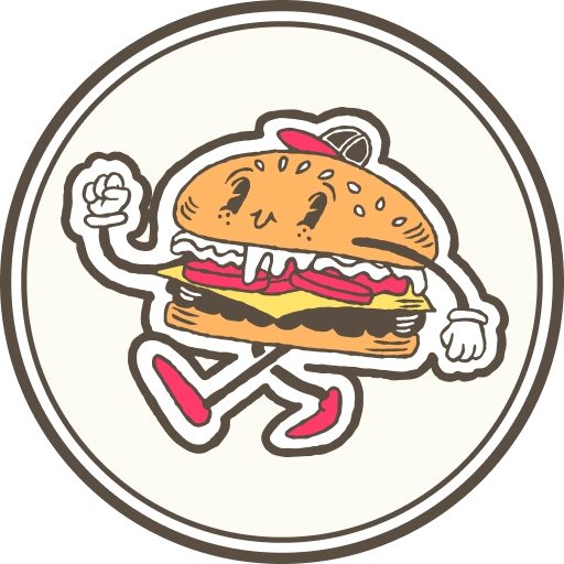 Een speels cartoonburgerfiguurtje met armen en benen, een pet en sneakers dragend, binnen een ronde badge.