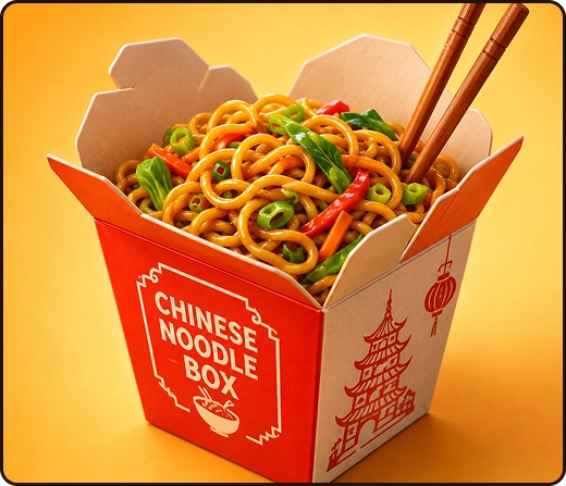 Chinese noedels met groenten geserveerd in een rood afhaaldoosje met houten eetstokjes op een feloranje achtergrond.
