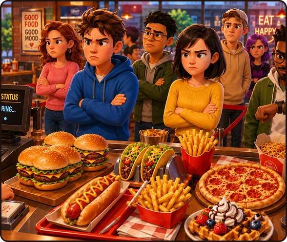 Een geïllustreerde fastfoodrestaurantscène met ongeduldige klanten die bij de balie op hun bestellingen wachten, omringd door hamburgers, taco's, Belgische wafels, pizza, frietjes, cola, hotdogs en noedels.