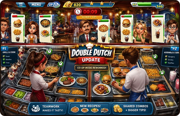 Een kleurrijke coöperatieve kookgame-interface waarop twee koks burgers, frietjes, noedels, wafels, drankjes en andere gerechten bereiden en serveren terwijl klanten op hun bestellingen wachten.