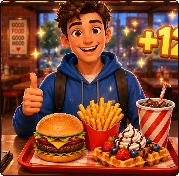 Een glimlachende klant die een duim omhoog steekt bij een fastfoodbalie met een burger, frietjes, cola en Belgische wafels met bessen en slagroom.