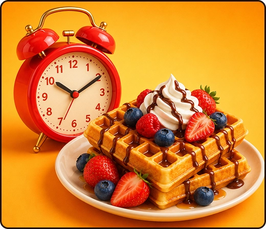 Belgische wafels met slagroom, chocoladesaus, aardbeien, frambozen en bosbessen, geserveerd naast een rode wekker.